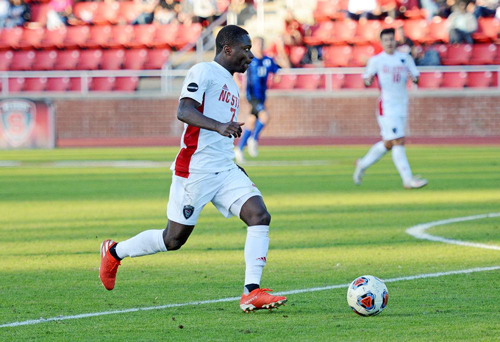 Sophomore forward, Ivy Brisma dribbles the ball towards the goal in Dail Soccer Field on November 6, 2019. Brisma had one save in the Wolfpack&#8217;s 2-1 victory over Duke. The Wolfpack will advance to the second round of the ACC tournament.