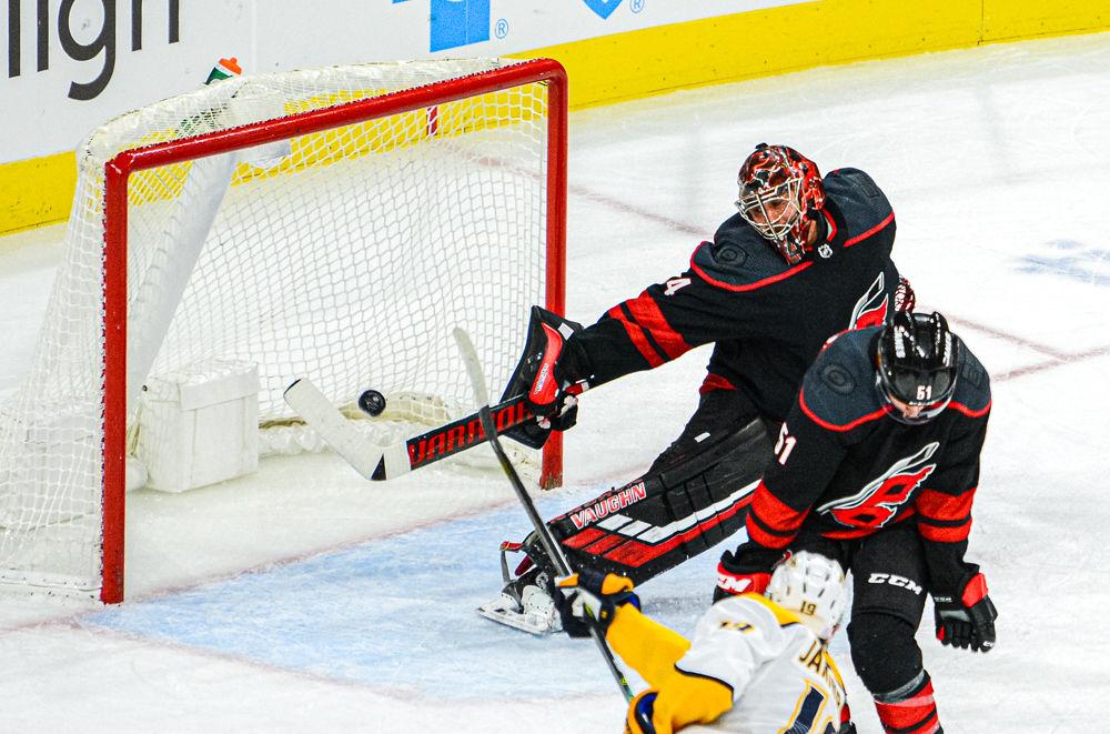 Hurricanes goaltender Petr Mrazek allows a goal by Nashville Predators center Calle Jarnkrok on Friday, Nov. 29 at PNC Arena. Mrazek saved 25 of the 28 shots he faced as the Hurricanes lost 3-0.