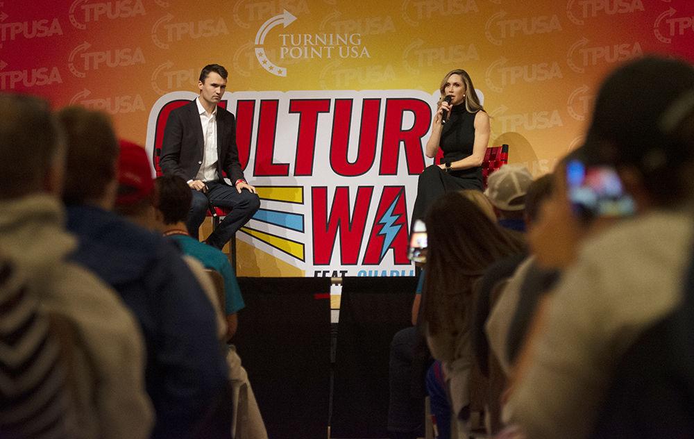 Charlie Kirk and Lara Trump, the speakers of the Turning Point USA event, spoke about President Donald Trump's 2020 campaign and political ideology.