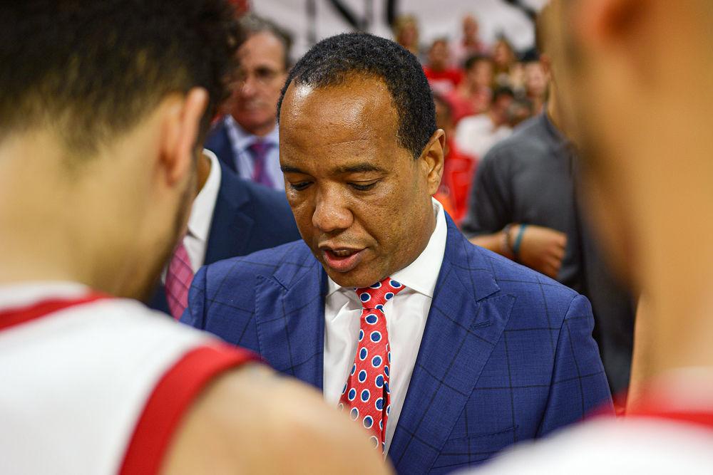Head coach Kevin Keatts talks to his team before the 113-73 exhibition win over Mount Olive on Sunday, Oct. 27, 2019 at PNC Arena. This season will be Keatts&#8217; third leading the Wolfpack.