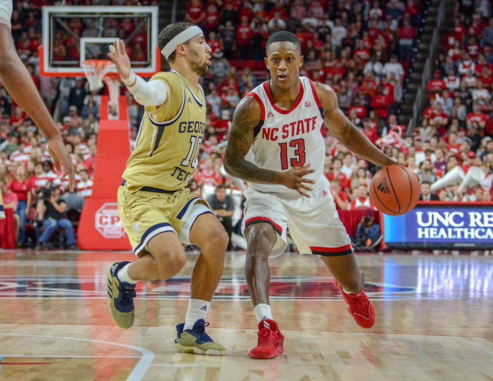 Redshirt senior guard CJ Bryce drives to the basket during the game versus Georgia Tech on Tuesday, Nov. 6, 2019 in PNC Arena. Bryce had a double-double against the Yellow Jackets, with 24 points and 11 rebounds. NC State lost to Georgia Tech in overtime 82-81.
