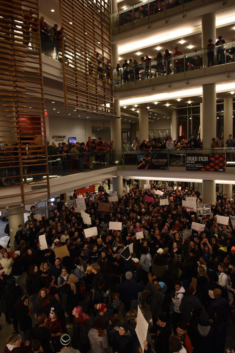 Hundreds of students inside of NC State's Talley Student Union, both protesting and attending the Turning Point USA event on Wednesday, November 13, 2019. The NC State chapter of Turning Point USA brought Charlie Kirk and Lara Trump to speak at an event held in Talley, bringing students and members of the community out in protest.