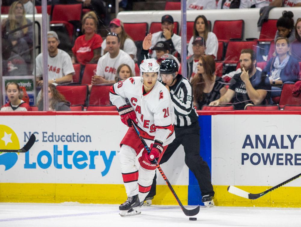 Hurricanes right wing Sebastian Aho handles the puck on Saturday, Oct. 12, 2019 at PNC Arena. Aho won eight faceoffs in 22 shifts.The Canes lost 3-2.