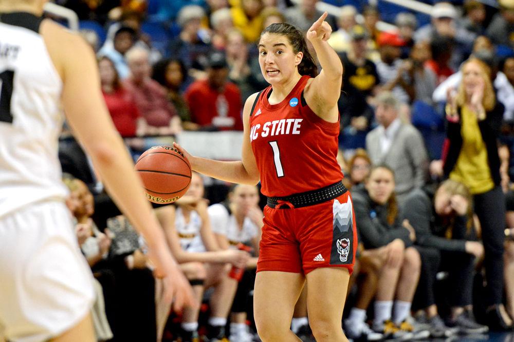 Junior guard Aislinn Konig directs the offense against Iowa on Saturday, March 30, 2019 at Greensboro Coliseum. Konig recorded 10 points on 4-7 shooting along with five assists. The Wolfpack lost to the Hawkeyes 79-61.