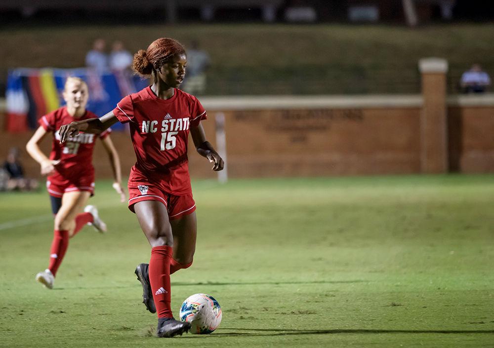 Freshman forward Jameese Joseph moving the ball upfield versus Wake Forest during the match on Sunday, Sept. 29, 2019 at W. Dennie Spry Soccer Stadium. Joseph finished the game with two shots in a match that saw Wake Forest and NC State tie 1-1.