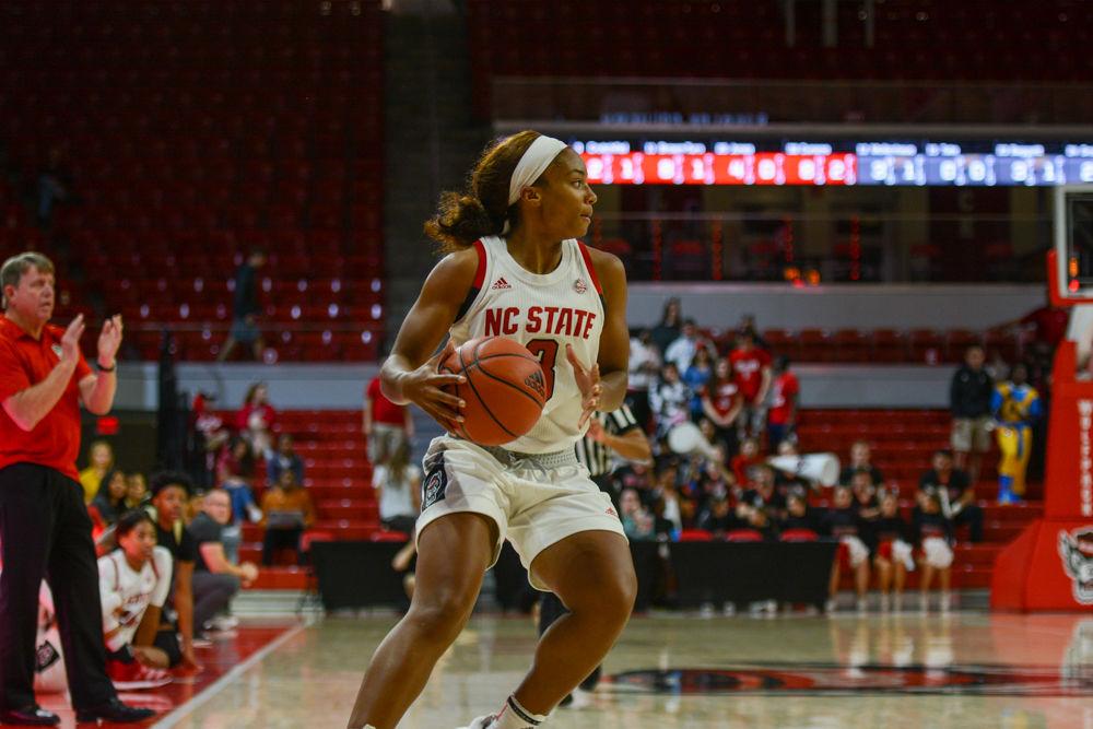 Junior Guard Kai Crutchfield gets ready to move with ball in hand against Anderson University at Reynolds Coliseum on Oct. 31, 2019. Crutchfield scored 7 points during the match.