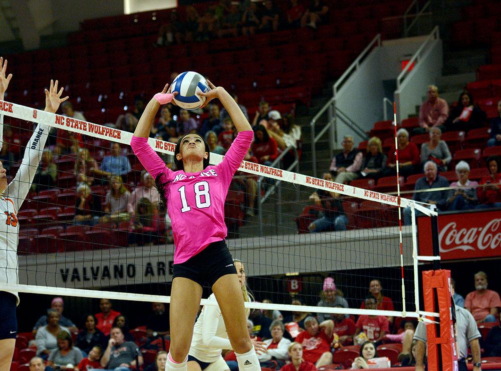 Redshirt freshman setter, Nina Sharpton sets the ball in Reynolds Coliseum on October 27. Sharpton had two kills, 40 assists, two block assists, and five digs in the Wolfpack&#8217;s 3-0 loss to Syracuse.