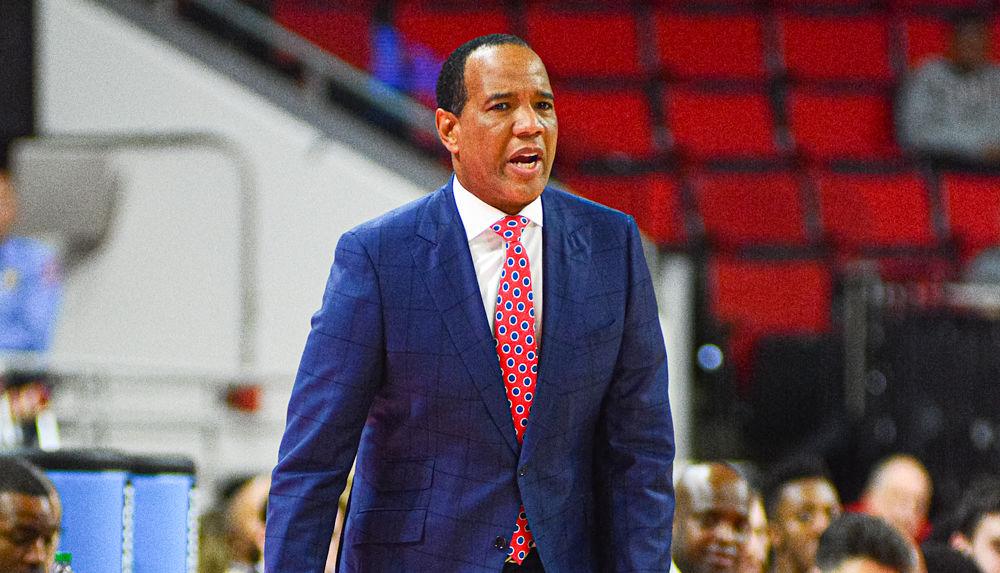 Head coach Kevin Keatts communicates to his offense during the 113-73 exhibition win over Mount Olive on Sunday, Oct. 27, 2019 at PNC Arena. This season will be Keatts&#8217; third leading the Wolfpack.