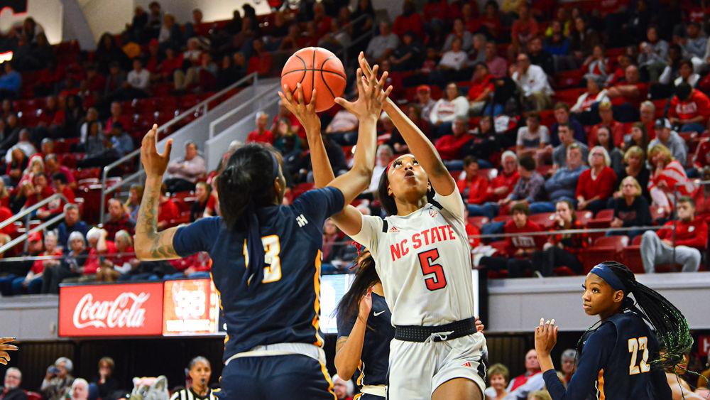 Freshman forward Jada Boyd attacks the basket against NC A&amp;T on Wednesday, Nov. 6, 2019 at Reynolds Coliseum. Boyd scored a game-high of 18 points along with 11 rebounds as the Wolfpack won 80-44.