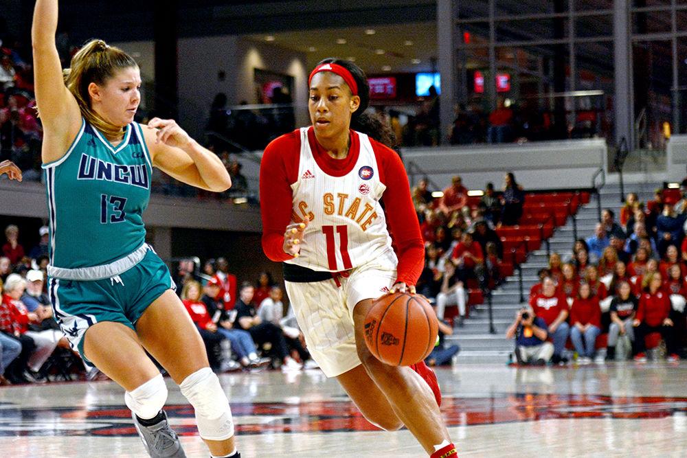 Freshman wing Jakia Brown-Turner goes in for a layup against a UNCW player at Reynolds Coliseum on Sunday, Nov. 10, 2019. The Wolfpack beat the Seahawks 80-40.