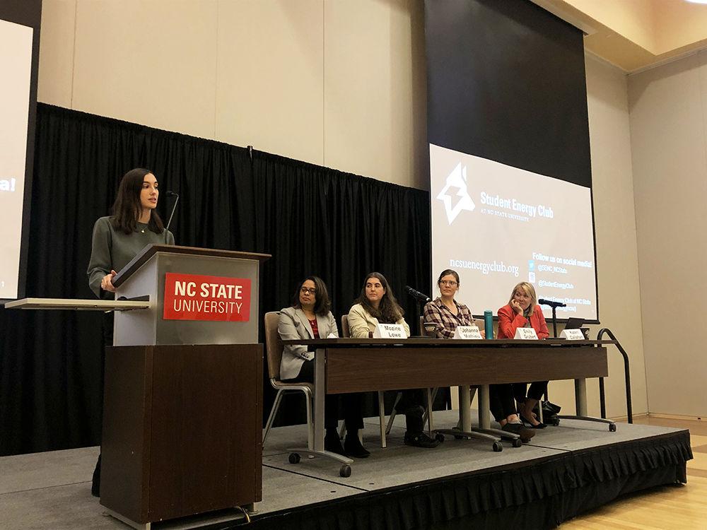 Martina Gonzalez Bertello, vice president of Student Energy Club, introduces the four panelists at the event, "Power Shift: The Future of Energy and the Women Shaping It," Tuesday, Nov. 5, 2019, in Ocracoke Ballroom in Talley Student Union.