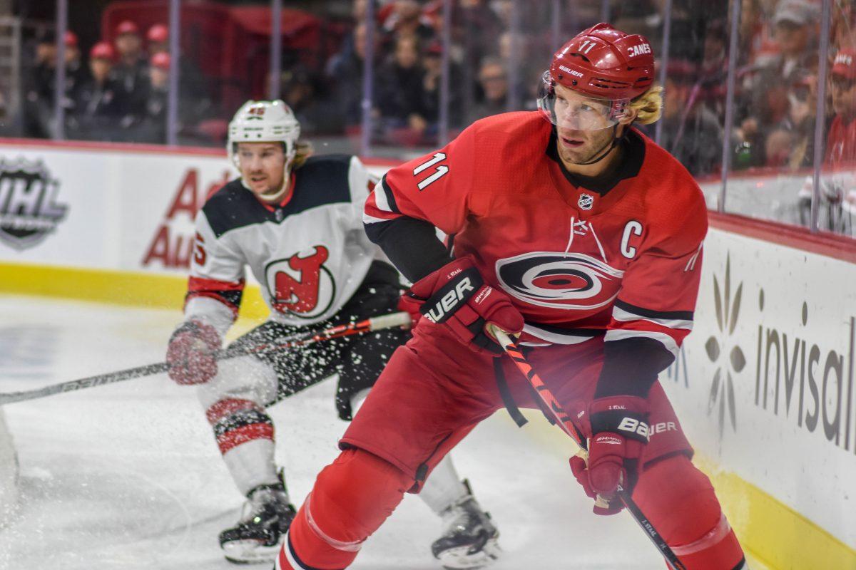 Carolina Hurricanes center Jordan Staal looks to make a play during the game versus the New Jersey Devils on Saturday, Nov. 2, 2019 in PNC Arena. The Canes lost the Devils 5-3.