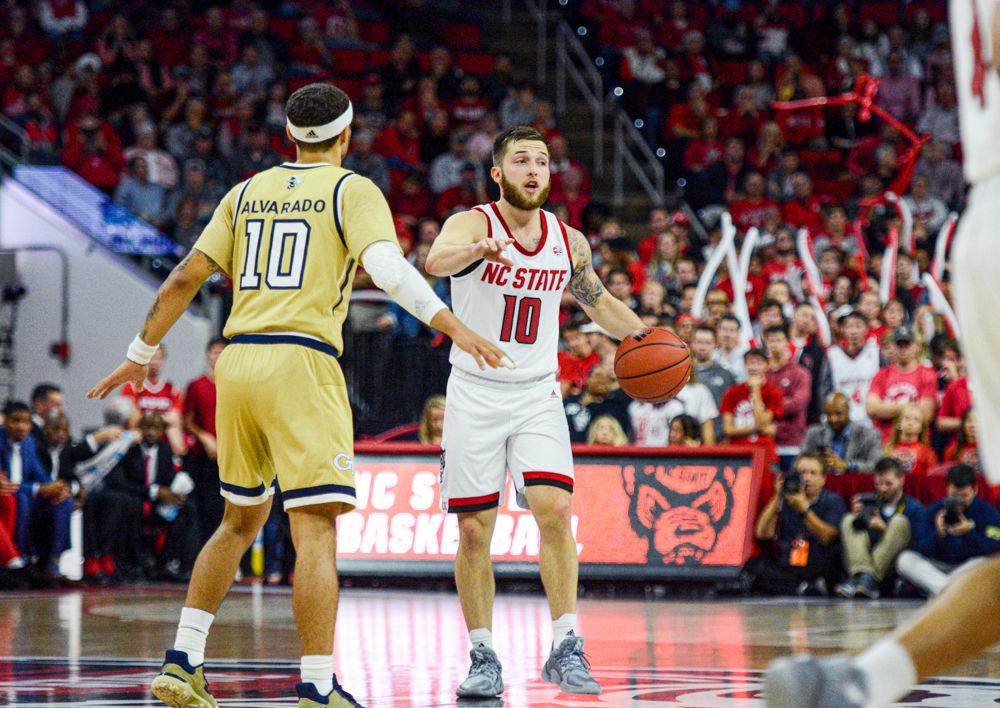 Junior guard, Braxton Beverly calls a play at the top of the key in PNC Arena on November 5, 2019. Beverly played 37 minutes with 11 points, four rebounds, and five assists in the Wolfpack&#8217;s 82-81 overtime loss to Georgia Tech.
