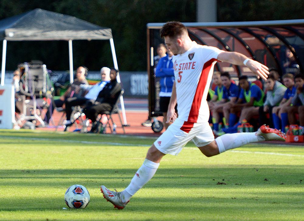 Junior defender Jamie Smith kicks a penalty kick at Dail Soccer Field on November 6, 2019. The Wolfpack won 2-1 over the Duke Blue Devils and advanced to the second round of the ACC tournament.