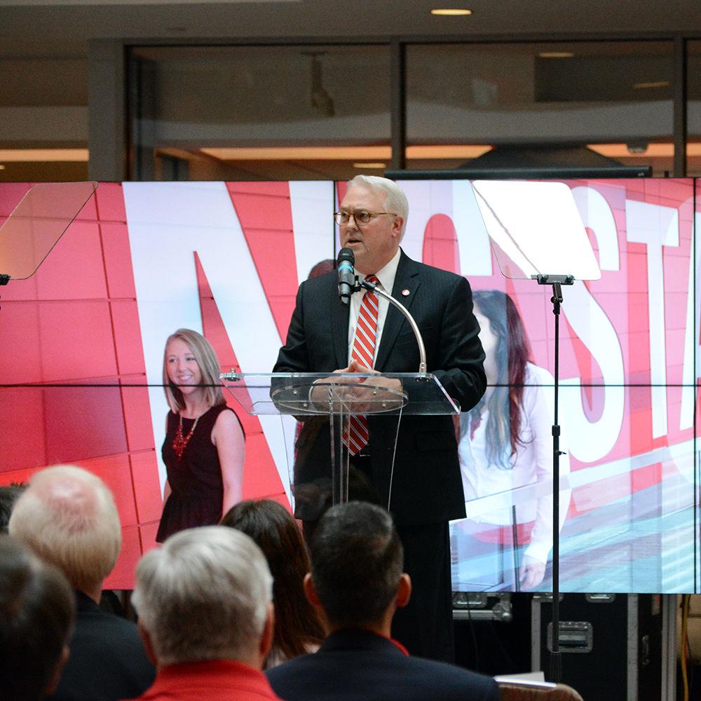 Chancellor Randy Woodson speaks at the 2018 Fall Chancellor's Address on Friday, Nov. 2 in Talley Student Union during Red and White Week. During the address, the chancellor talked about his pride in the excellence of NC State student body and the high rankings NC State has been achieving.