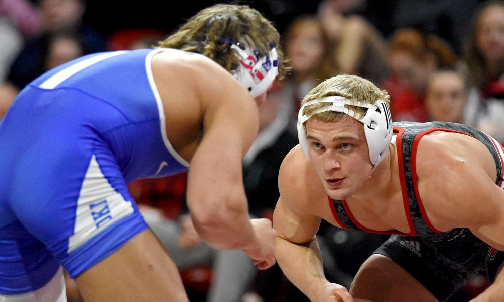 Redshirt sophomore Hayden Hidlay wrestles Duke sophomore Benjamin Anderson on Friday, Jan. 25 at Reynolds Coliseum. The Wolfpack won 30-12.