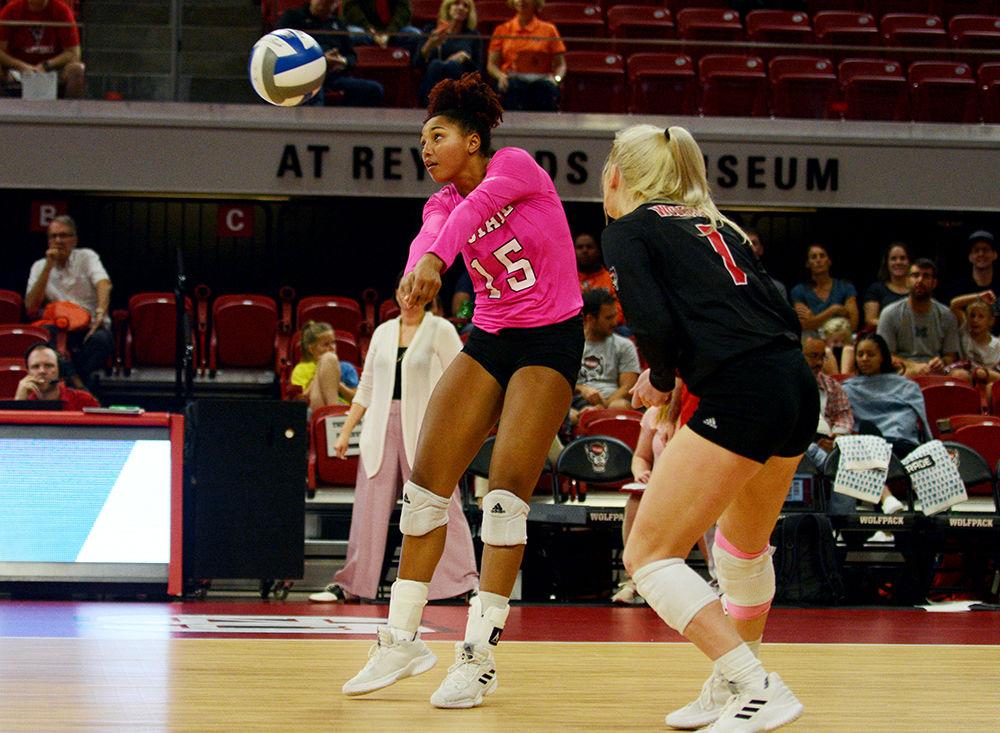 Sophomore opposite hitter, Jade Parchment digs the ball in Reynolds Coliseum on October 27. Parchment had 15 kills, one ace and nine digs in the Wolfpack&#8217;s 3-0 loss to Syracuse.