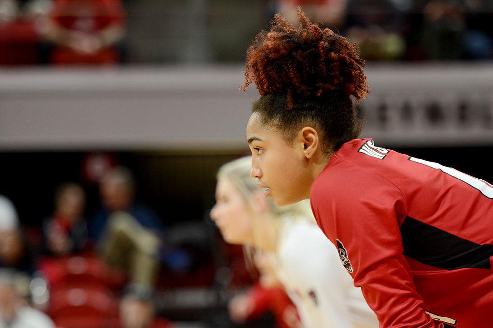 Sophomore outside hitter Jade Parchment waits for the ball to be served in the game against the No. 2 Pittsburgh Panthers on Sunday, Nov. 24, 2019. She has performed 293 digs in this season.