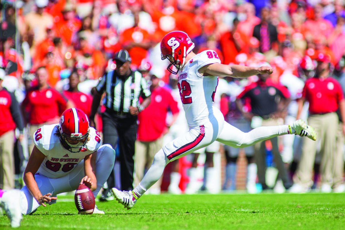 Sophomore place kicker Kyle Bambard lines up to kick a 43-yard field goal during the first drive of the day but bounced the kick off the right upright. Bambard had a rough day kicking missing three, two to the right and one blocked. The Wolfpack's missed 33-yard field goal could have sealed the deal, but Clemson took the lead in over time to win 24-17 at Death Valley in Clemson, SC on Oct. 15, 2016.
