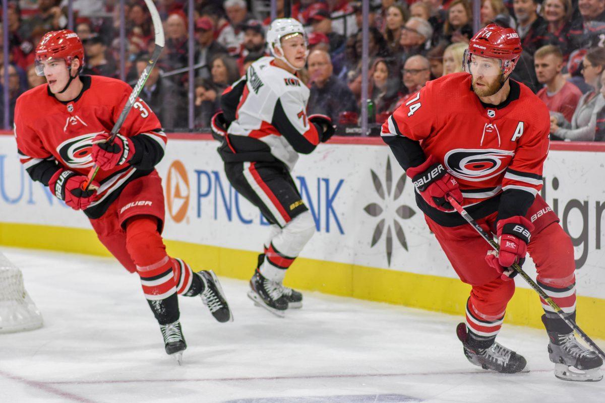 Carolina Hurricanes defenseman takes the puck away from the Ottawa Senators attack on Monday, Nov. 11, 2019 in PNC Arena. The Canes beat the Senators 8-2.