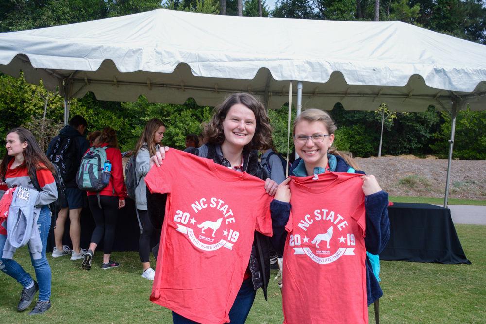First year students Anna Lawrence and Hannah Florez came out during NC State's Red and White Week to receive some swag and enjoy the school spirit as the Wolfpack prepares to take on Clemson. Pack Appreciation Day took place on Monday, Nov. 4, 2019 at Stafford Commons.