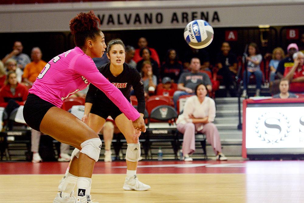Sophomore opposite hitter, Jade Parchment digs the ball in Reynolds Coliseum on October 27. Parchment had 15 kills, one ace and nine digs in the Wolfpack&#8217;s 3-0 loss to Syracuse.