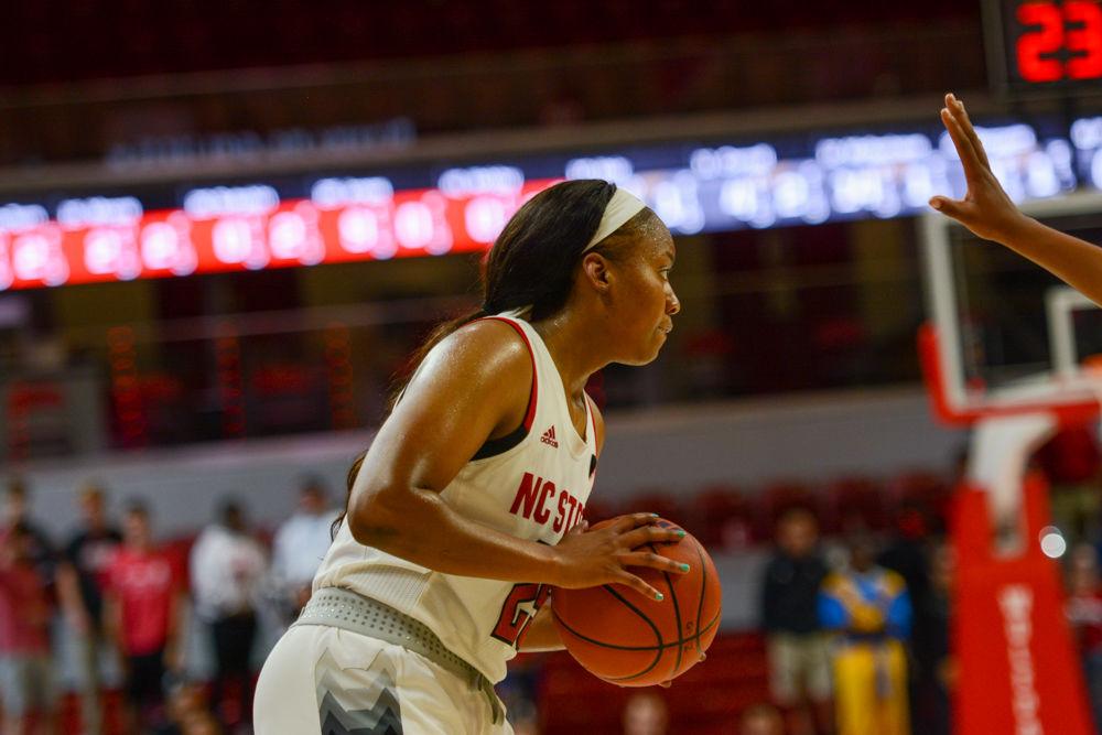 Junior Kayla Jones looks for a pass against Anderson. Jones put up nine points and grabbed 12 rebounds in the 76-47 win.