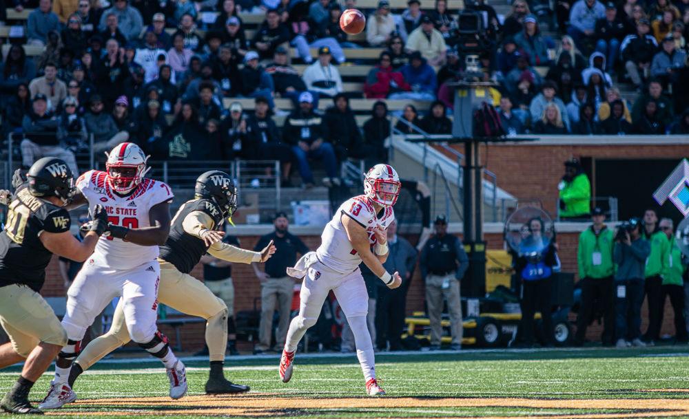 Redshirt freshman quarterback Devin Leary throws a pass versus Wake Forest on Saturday, Nov. 2, 2019 at BB&amp;T field. Leary had 17 completions in 45 attempts. The Wolfpack lost 10-44.