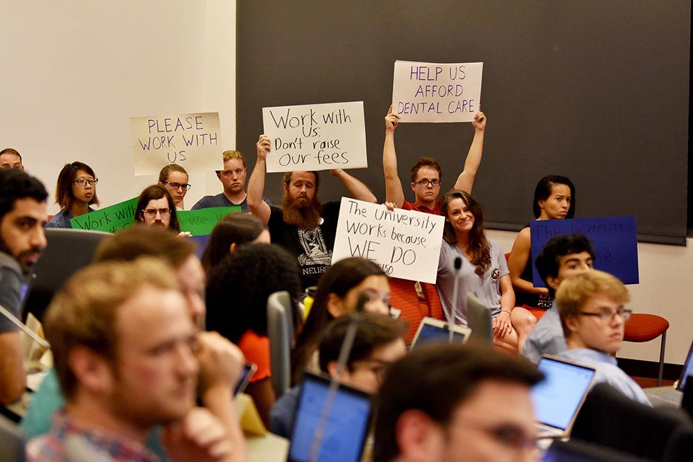 A group of NC State students protest student fees at the senate meeting on Wednesday, Oct. 2, 2019 in Talley Student Union.
