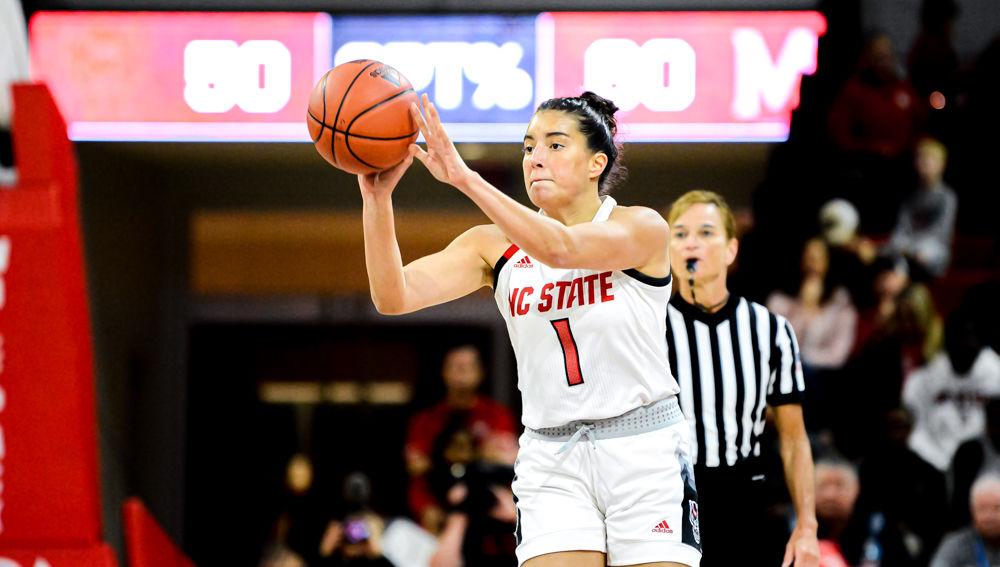 Senior guard Aislinn Konig passes against Maryland on Thursday, Dec. 5, 2019 at Reynolds Coliseum. Konig recorded seven points and six assists as the Wolfpack won 66-59.