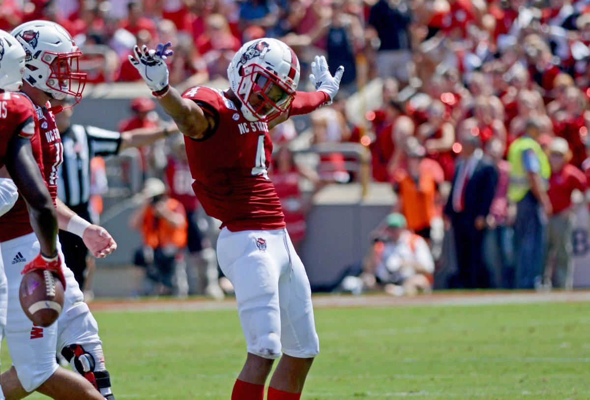 Senior cornerback Nick McCloud celebrates after breaking up a pass against ECU on Saturday, Aug. 31, 2019 in Carter-Finley Stadium. The Pack beat the Pirates 34-6.