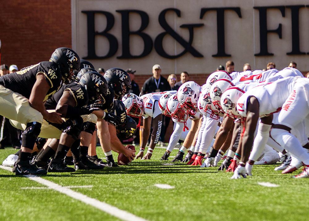NC State's defensive line prepares to take on Wake Forest's offensive line on Saturday, Nov. 2, 2019 at BB&amp;T field. The Wolfpack lost 44-10.
