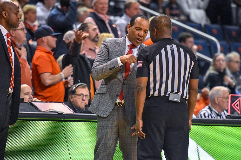 Head coach Kevin Keatts argues with the ref after a controversial call against Auburn on Thursday, Dec. 19, 2019 at Auburn Arena in Alabama. The Wolfpack lost to the Tigers 79-73.