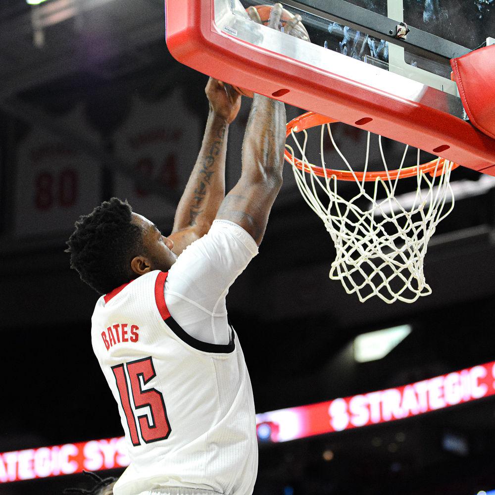 Redshirt freshman forward Manny Bates attacks the rim against Detroit Mercy on Sunday, Nov. 10, 2019 at PNC Arena. Bates recorded eight points and seven blocks as the Wolfpack won 84-65.