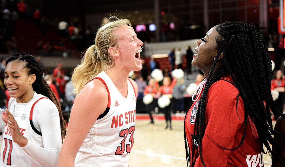 Sophomore centers Elissa Cunane and Jada Rice celebrate the win over Maryland on Thursday, Dec. 5 at Reynolds Coliseum. Cunane recorded 16 points and 15 rebounds as the Wolfpack won 66-59.