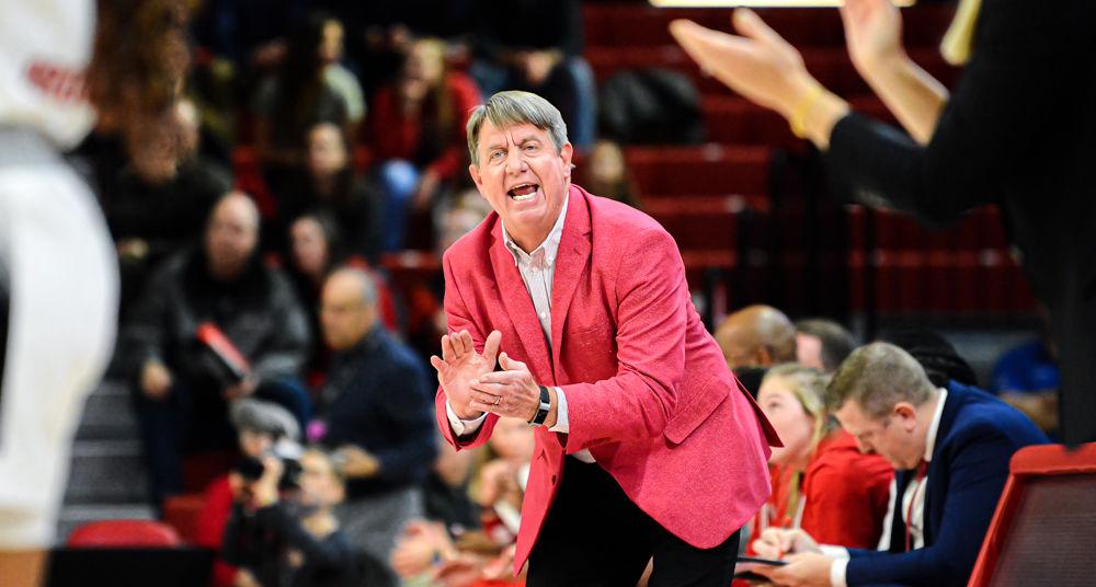 Head coach Wes Moore encourages his offense during the game against Maryland on Thursday, Dec. 5, 2019 at Reynolds Coliseum. The Wolfpack won 66-59.