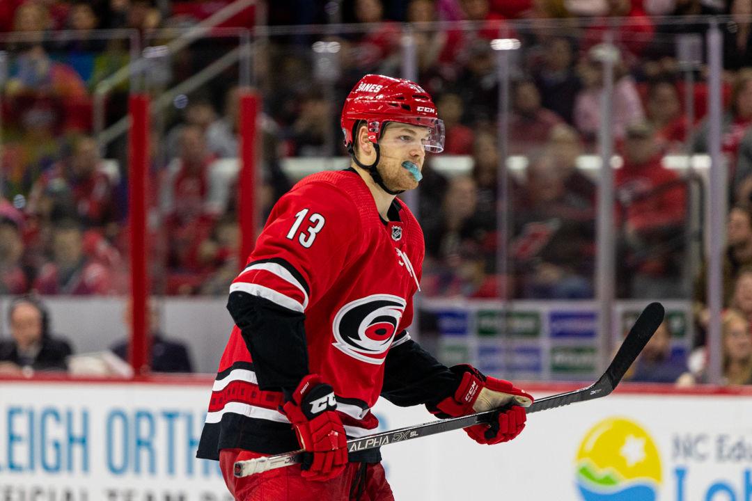 Canes left winger Warren Foegele prepares for a play versus the Captials on Saturday, Dec. 28, 2019 at PNC Arena. Foegele had two goals and three points in the 6-4 win.