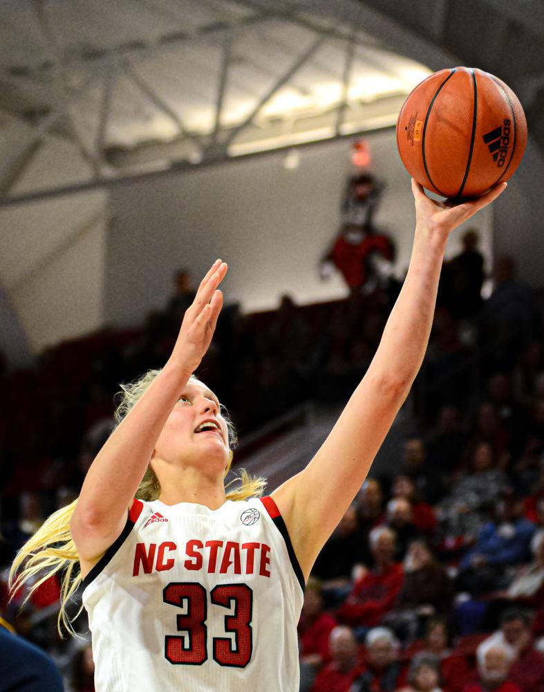 Sophomore center Elissa Cunane shoots against Chattanooga on Thursday, Dec. 19, 2019 at Reynolds Coliseum. Cunane recorded a game-high 17 points along with seven rebounds as the Wolfpack won 74-38.