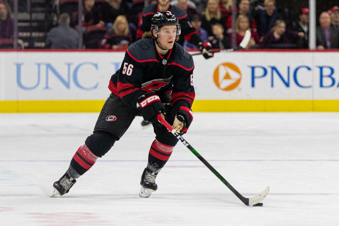 Hurricanes left wing Erik Haula dirbbles the puck versus the Canadiens on Tuesday, Dec. 31, 2019 at PNC Arena. Haula had one goal and one assist in 17 shifts in the 3-1 win.