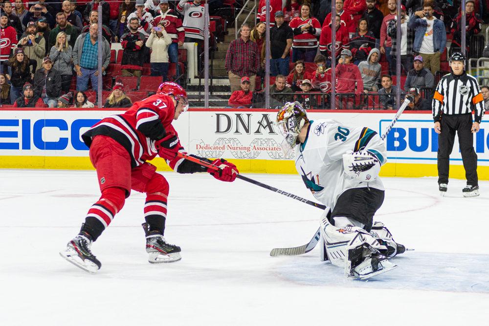 Carolina Hurricanes right wing Andrei Svechnikov scores during the shootout versus the San Jose Sharks on Thursday, Dec. 5, 2019 at PNC Arena. Svechnikov had one goal and one assist in 29 shifts in the 3-2 win.