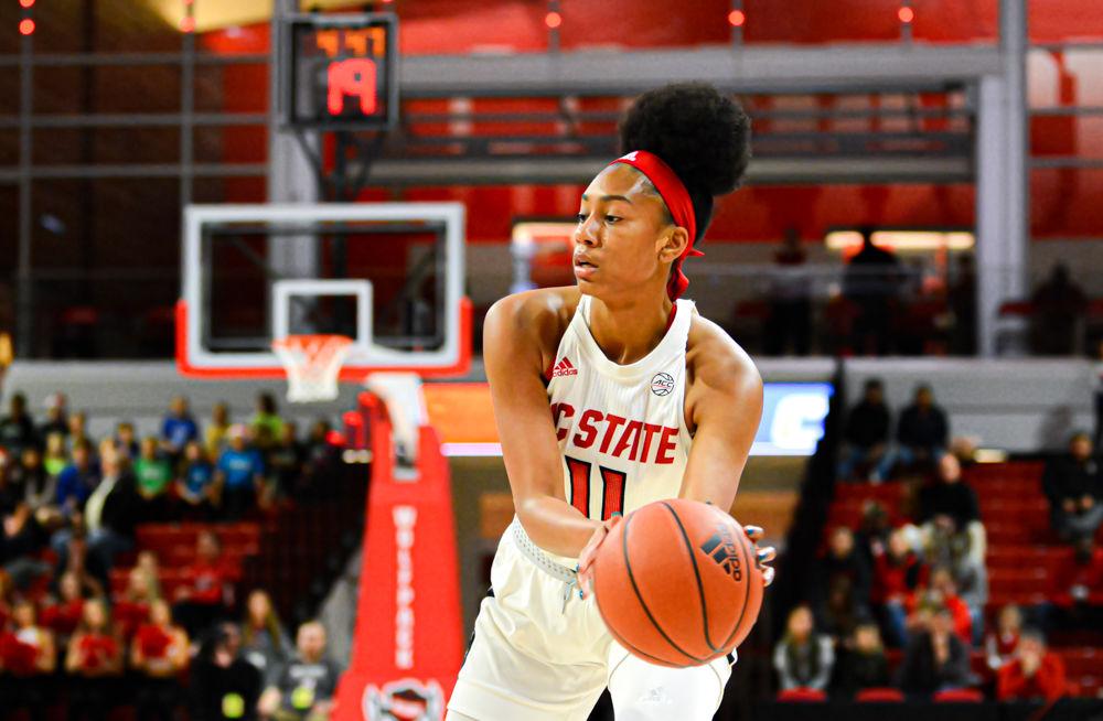 Freshman wing Jakia Brown-Turner passes against Chattanooga on Thursday, Dec. 19, 2019 at Reynolds Coliseum. Brown-Turner scored nine points as the Wolfpack won 74-38.