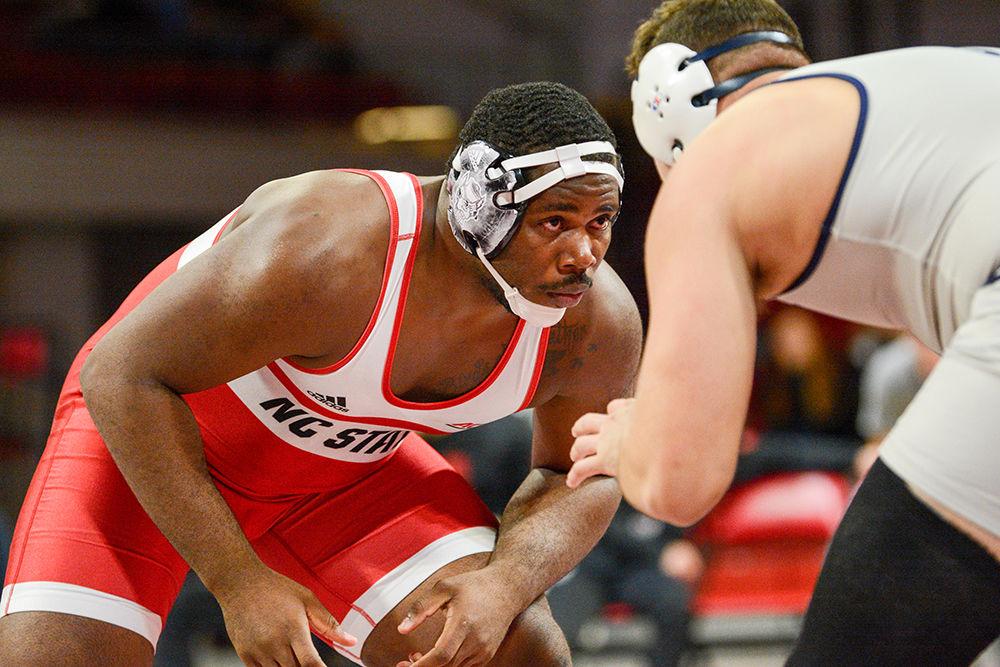 Deonte Wilson, a sophomore, wrestles in the 285 weight class during the match against Old Dominion on Friday, Nov. 15, 2019. He went 22-12 during the 2018-19 season.