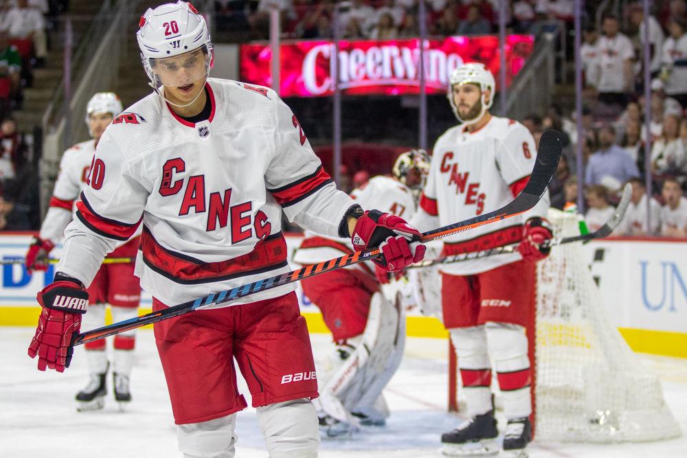 Hurricanes right wing Sebastian Aho skates away after a stoppage on Saturday, Oct. 12, 2019 at PNC Arena. Aho won eight faceoffs in 22 shifts.The Canes lost 3-2.