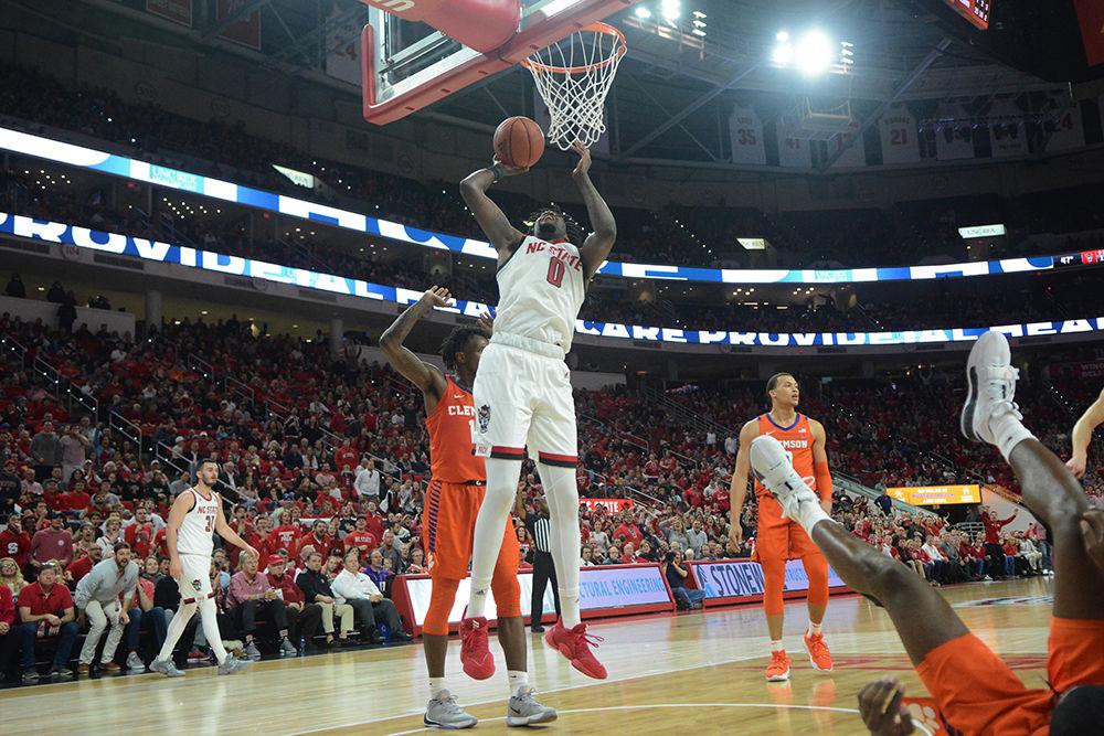 Redshirt junior DJ Funderburk goes for a layup in the game against the Tigers on Sunday, Jan. 18, 2020 at PNC Arena. Funderburk recorded his first career double-double. NCSU beat Clemson 60-54.