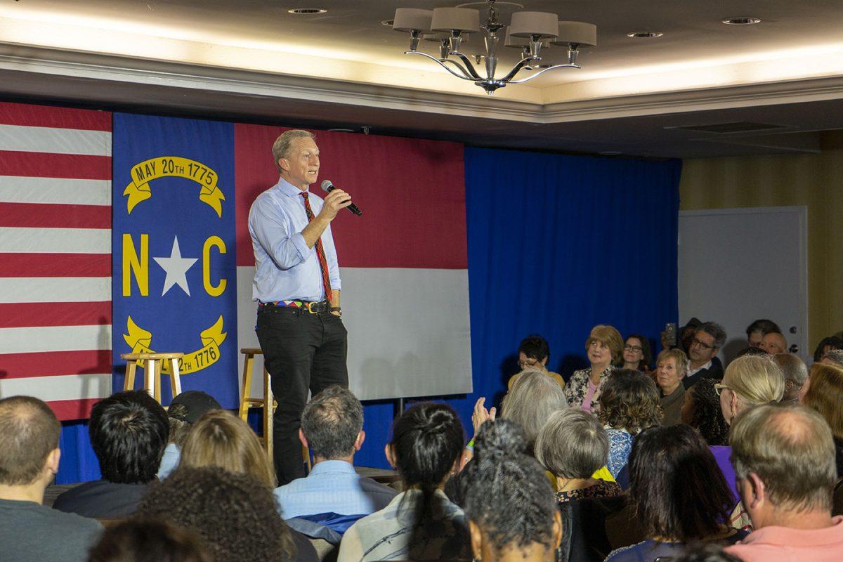 Democratic presidential candidate Tom Steyer speaks to a crowd at a meet and greet event at the DoubleTree hotel on Hillsborough Street in Raleigh. Steyer spoke extensively about environmental justice and government corruption at the event.
