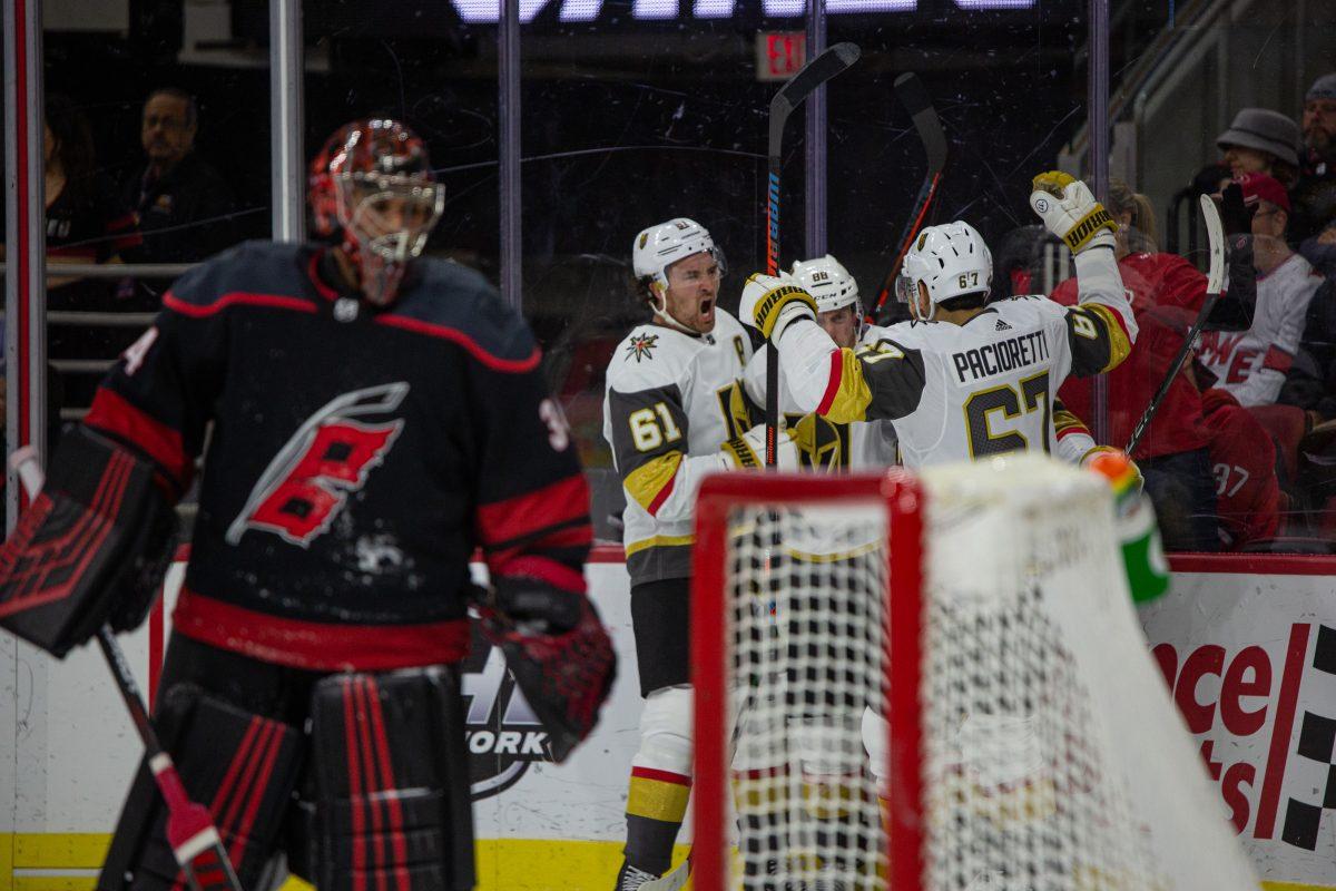 Hurricanes goal tender Petr Mrazek looks dejected after the third goal for the Golden Knights scored by defenseman Nate Schmidt on Friday, Jan. 31, 2020 at PNC Arena. Mrazek four goals on 37 shots. The third period was high scoreing with two goals coming from each team during the 4-3 Canes loss.