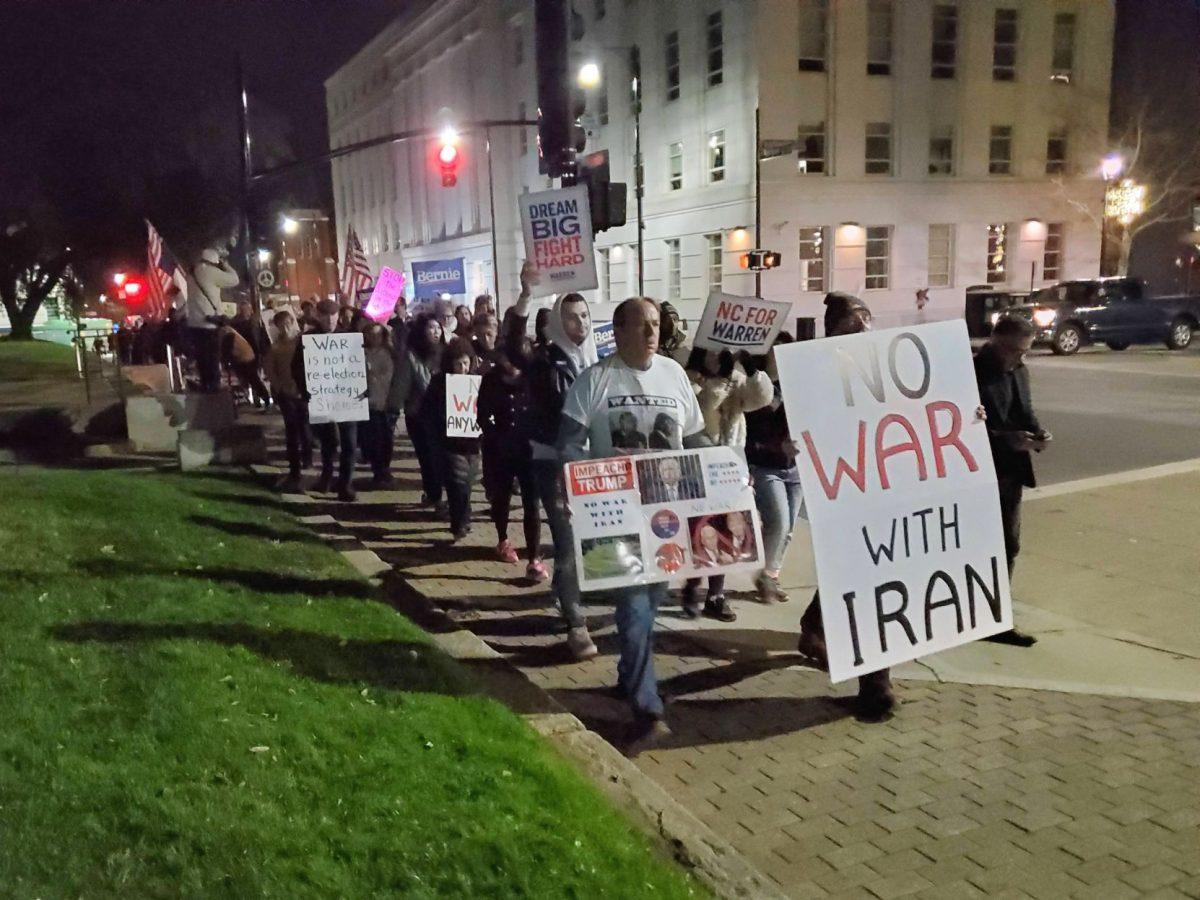 Protesters march around the North Carolina State Capitol to show opposition to further military conflict between Iran and the United States on Thursday,&#160;Jan. 9, 2019.