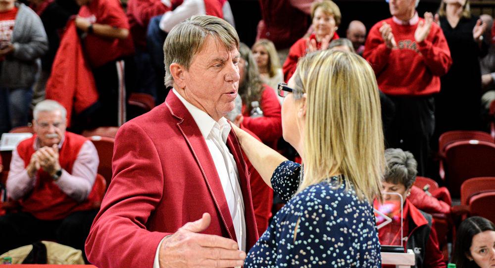 NC State head coach Wes Moore greets Chattanooga head coach Katie Burrows after the Wolfpack&#8217;s 74-38 win on Thursday, Dec. 19, 2019 at Reynolds Coliseum. Burrows played for Moore and later coached under him as an assistant when he was head coach of Chattanooga until 2013.