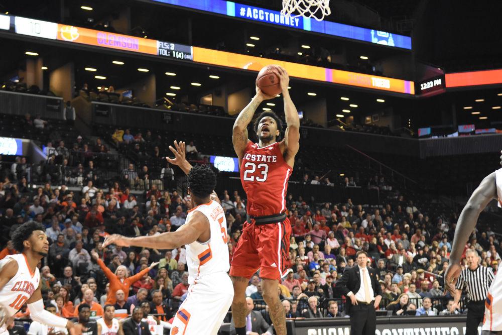 Freshman forward Ted Kapita goes up for a shot in Barclays Center during the first round of the ACC tournament on March 7. Kapita had 7 points and four rebounds. The Wolfpack lost to Clemson, 75-61.