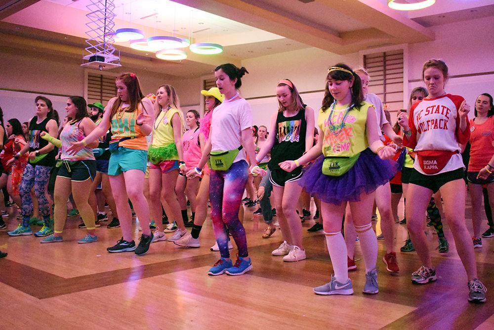 Participants of the Dance Marathon dance together on Saturday in Talley Student Union. The Dance Marathon was a 12-hour event that raised money for the Duke Children&#8217;s Hospital.